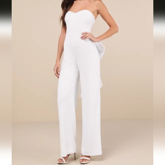 White Sequin Removable Bow Wide-Leg Jumpsuit NWT - Picture 2 of 4